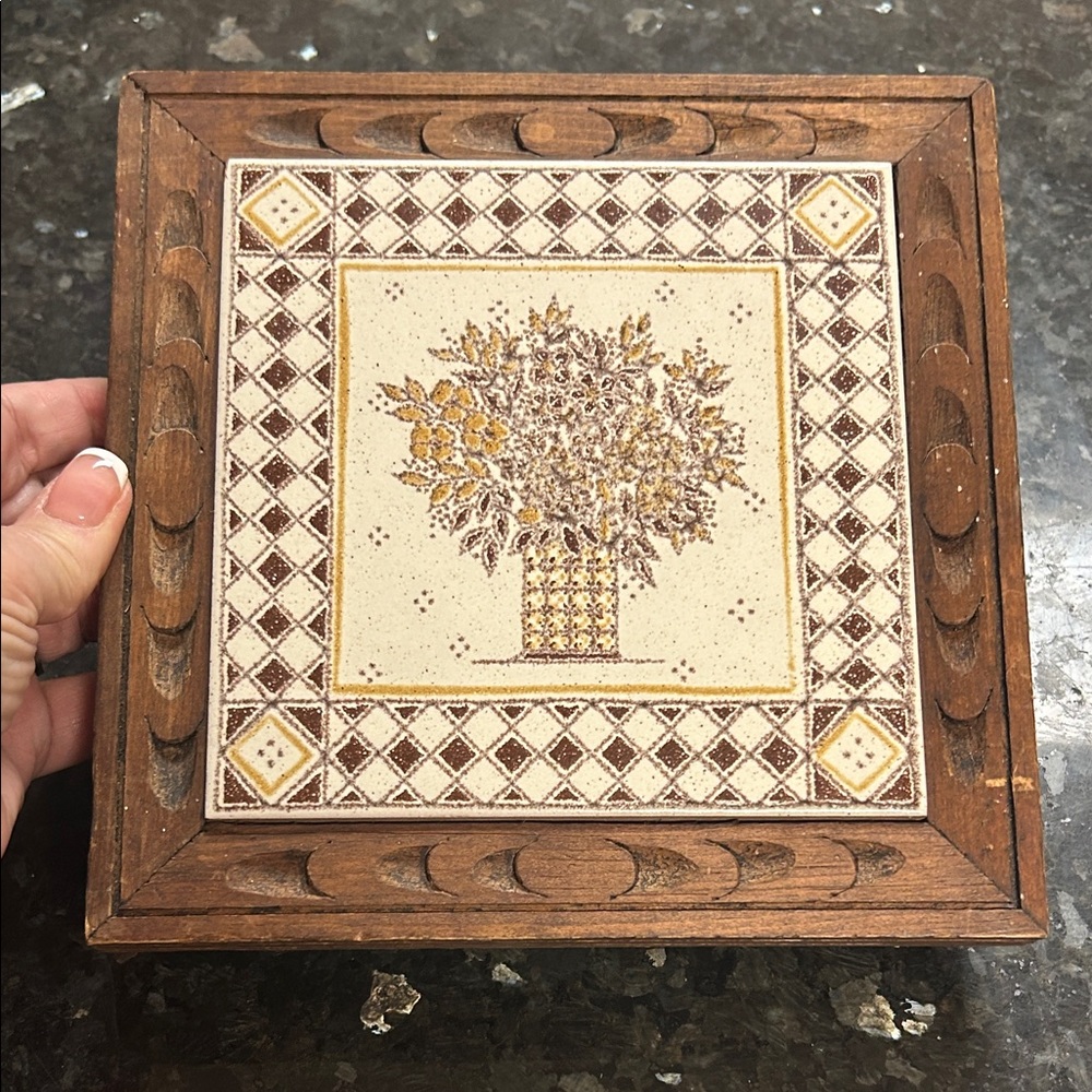 Vtg 80s Piemme Made in Italy Trivet Tile Wood Frame Brown Cream Floral Decor 8"